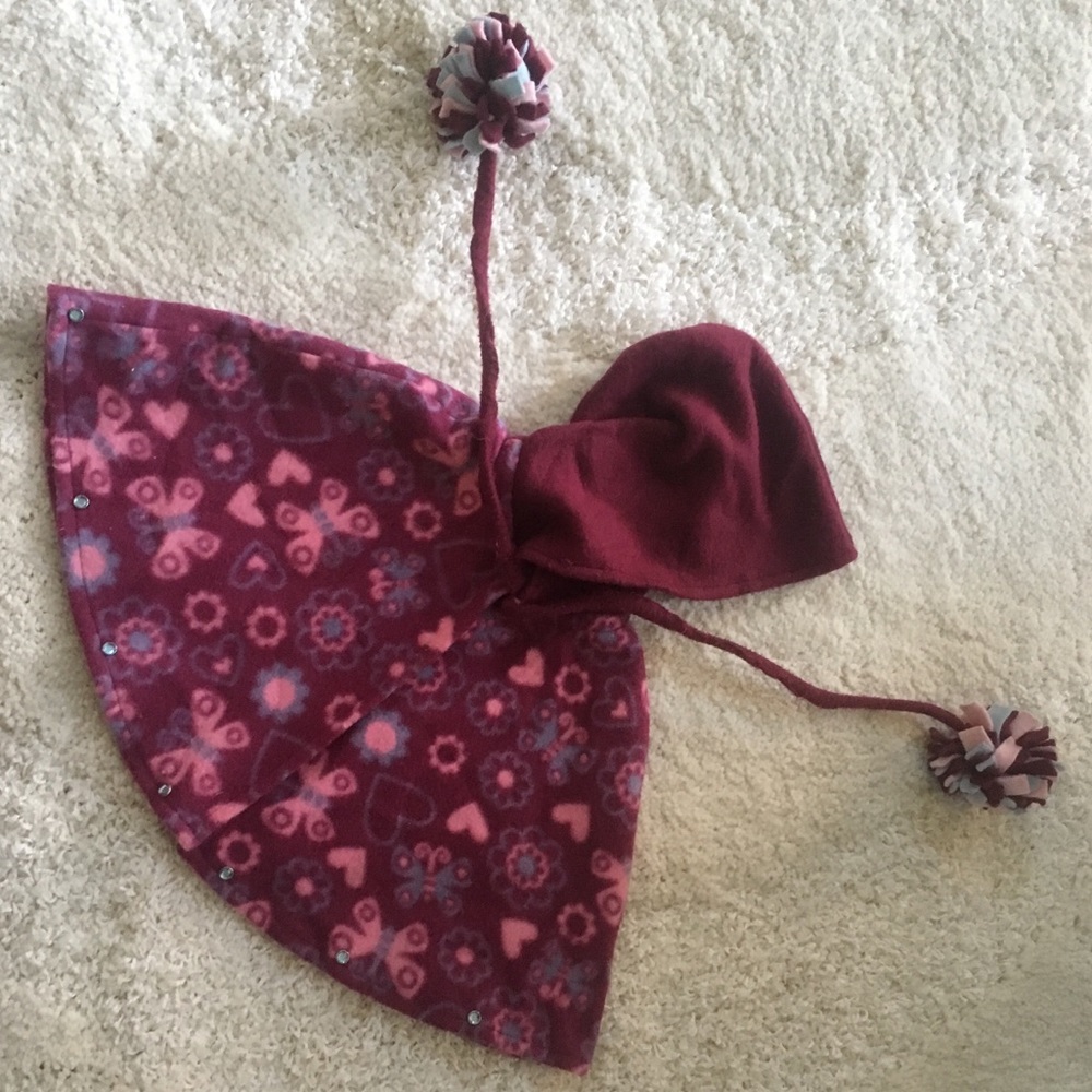 Burgundy Hooded Poncho/ Cape with Pompons